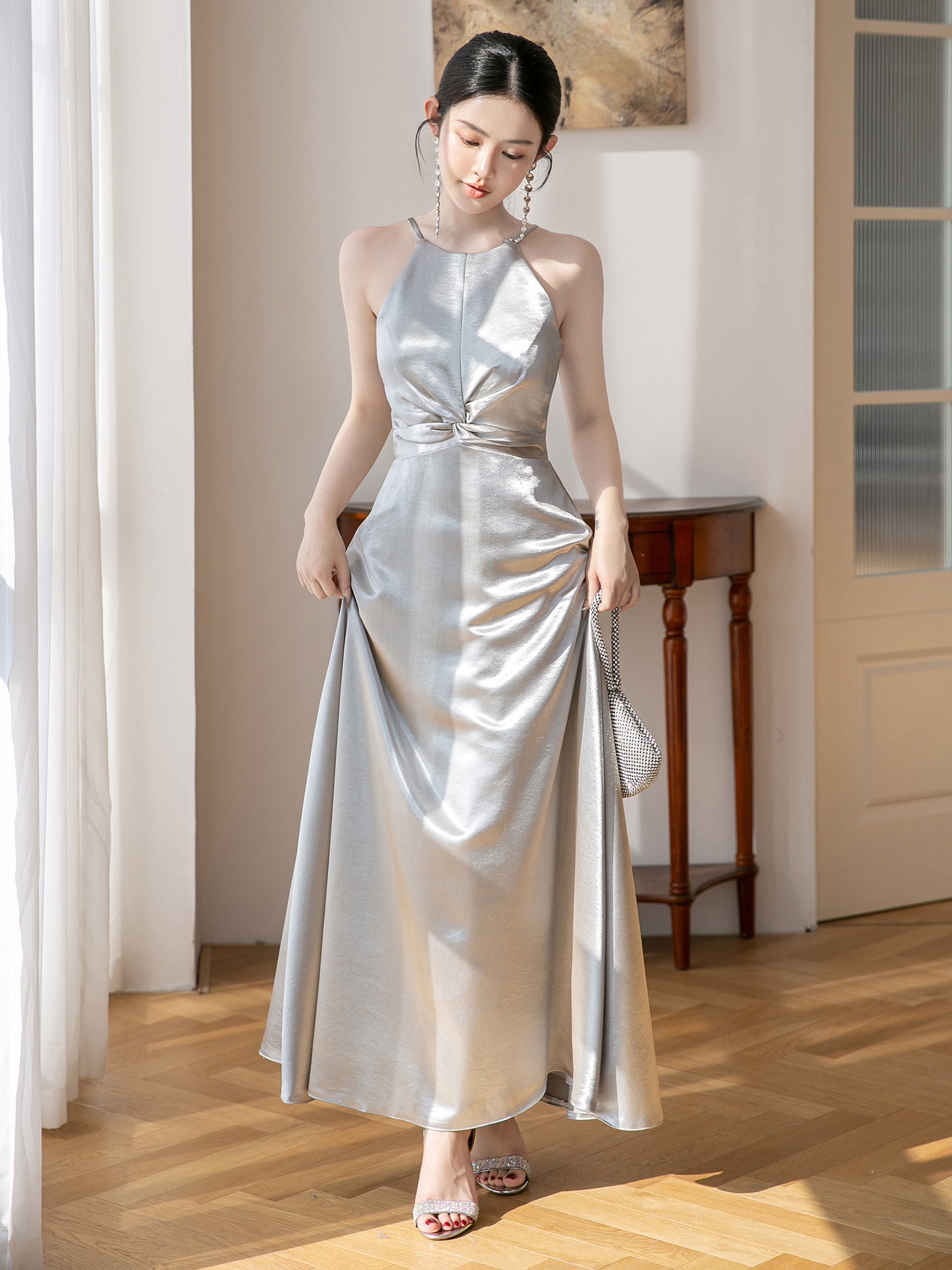 Silver Satin Bridesmaid Dress