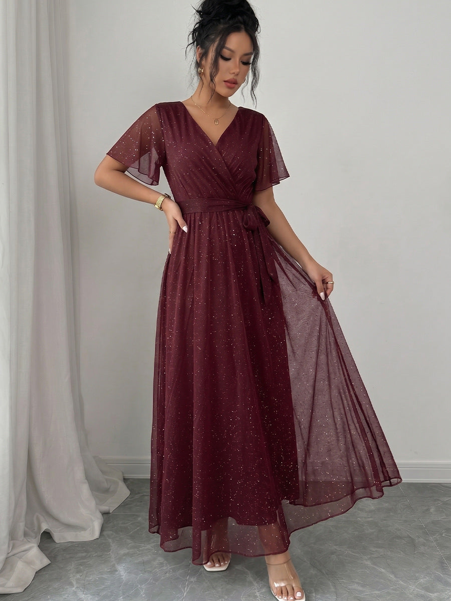 Burgundy V-Neck Wedding Guest Dress