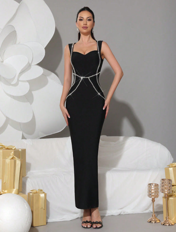Black Sleeveless Rhinestone Wedding Guest Dress