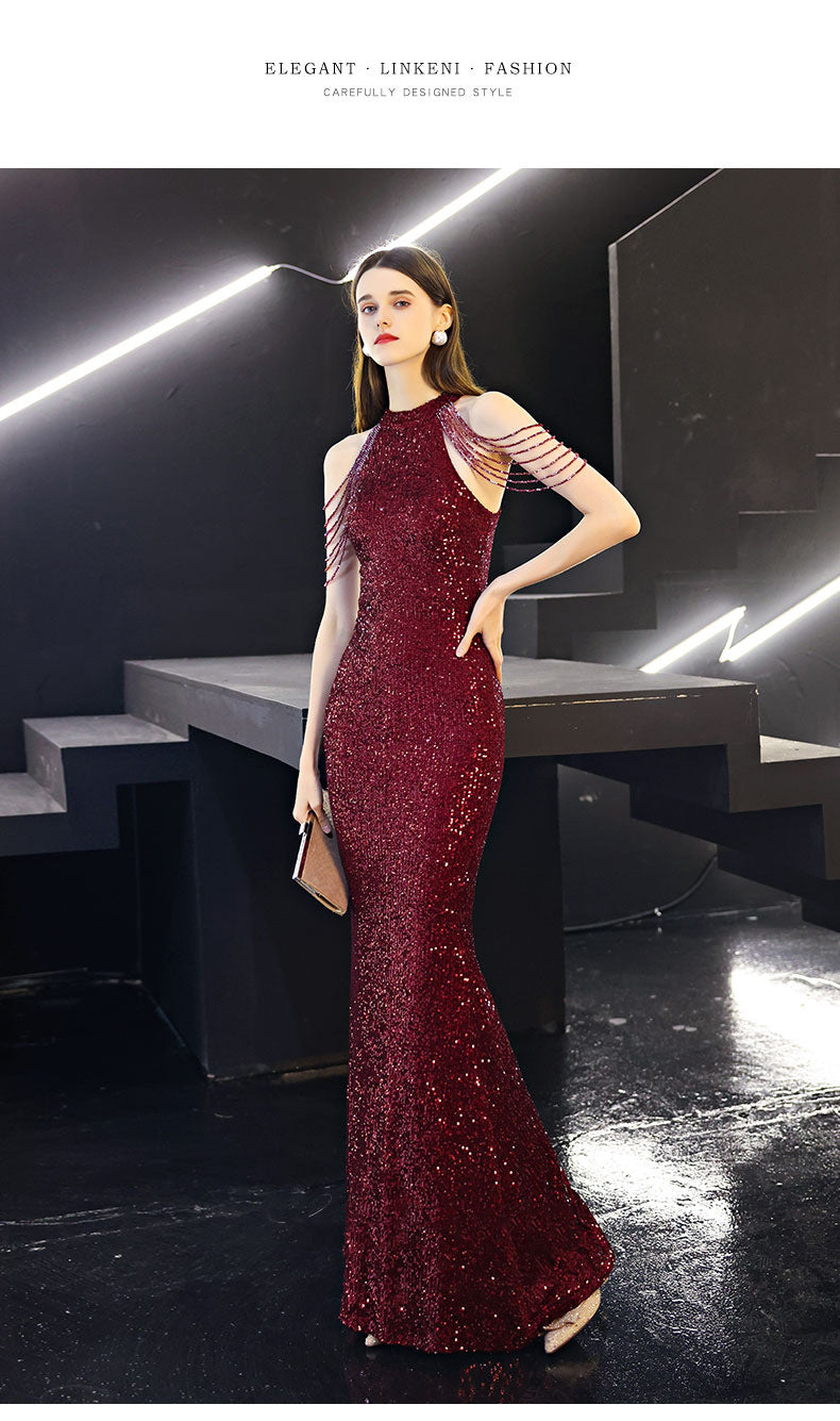 Burgundy Sequin Beaded Long Prom Dress