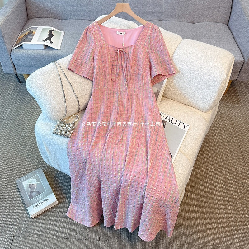 Pink Square Neck Short Sleeve Plus Size Formal Dress