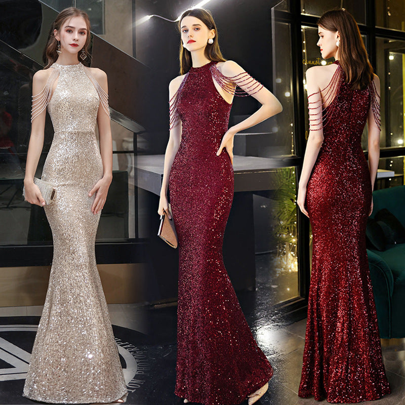 Burgundy Sequin Beaded Long Prom Dress