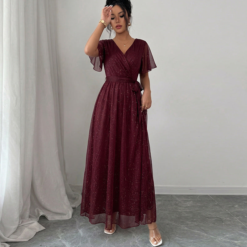 Burgundy V-Neck Wedding Guest Dress