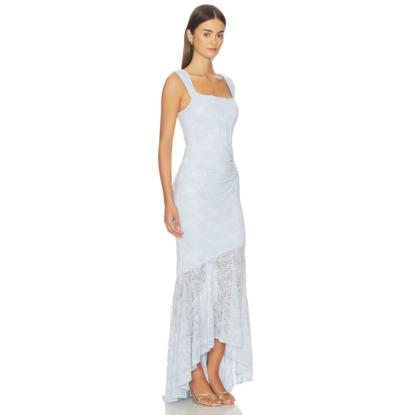 Light Blue Lace Square Neck Wedding Guest Dress