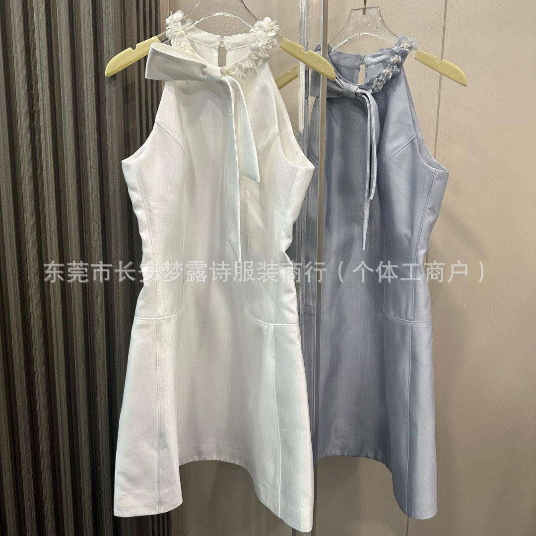 White Halter Beaded Graduation Dress