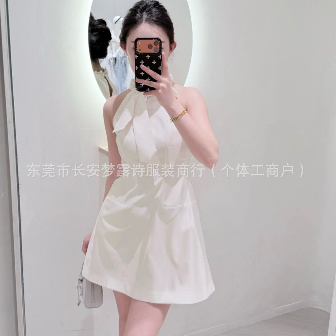 White Halter Beaded Graduation Dress