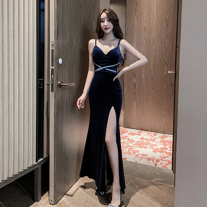 Velvet V-Neck Long Prom Dress