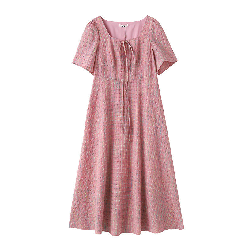 Pink Square Neck Short Sleeve Plus Size Formal Dress