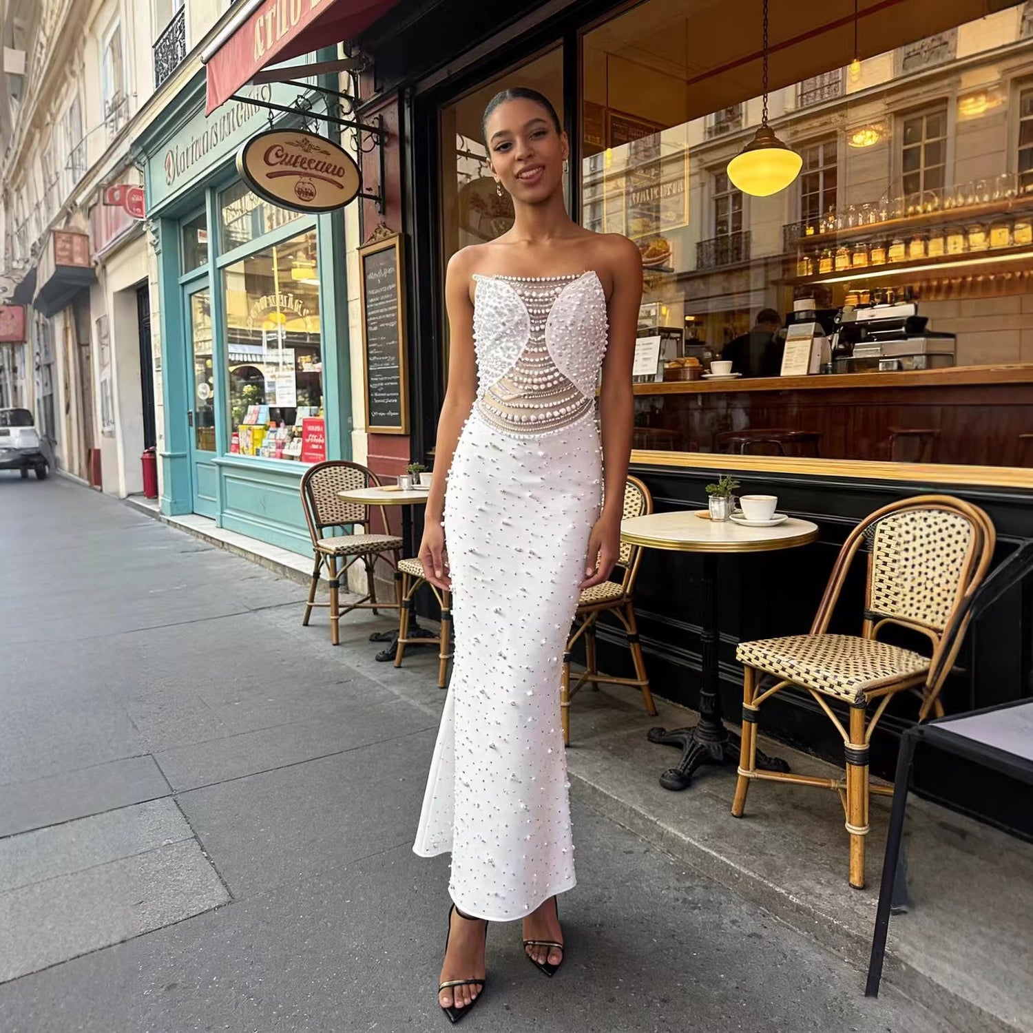 White Strapless Beaded Long Prom Dress