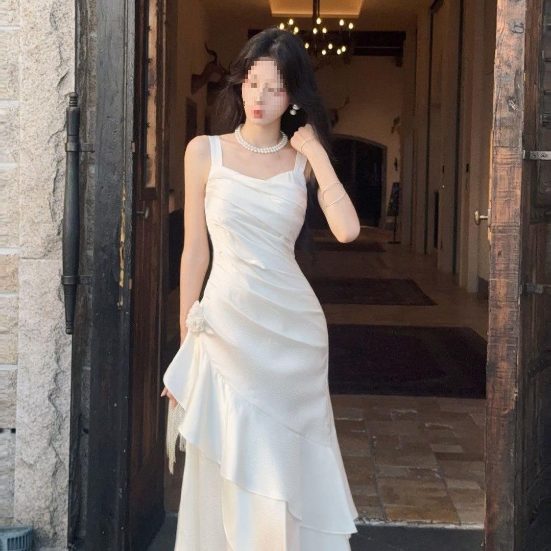 White Satin Spaghetti Strap Mermaid Graduation Dress