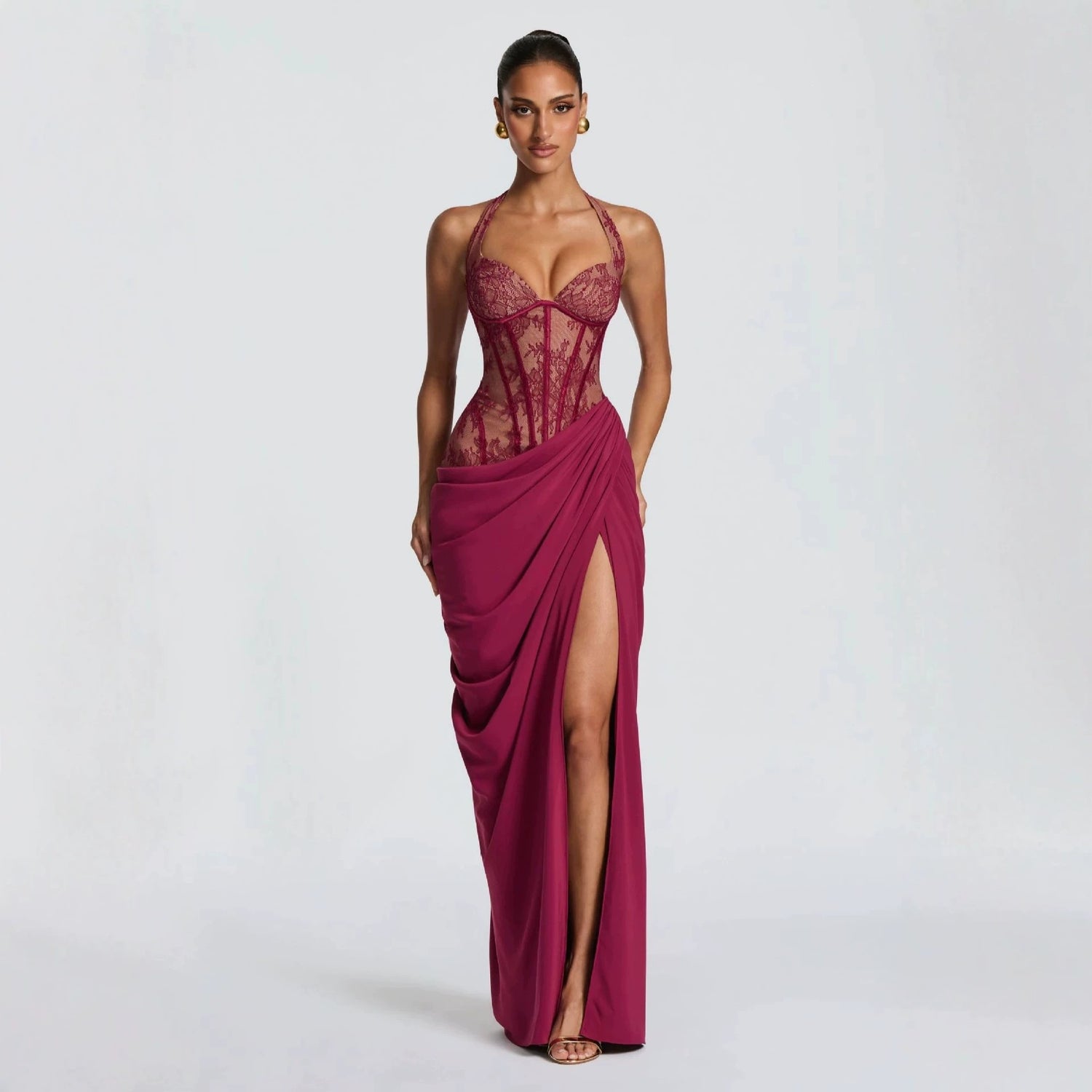 Burgundy Lace Halter Long Prom Dress