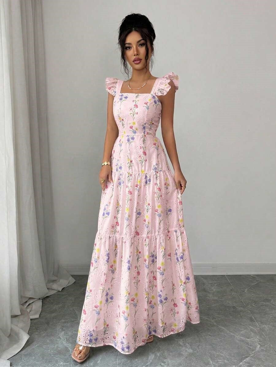 Pink Spaghetti Strap Square Neck Wedding Guest Dress