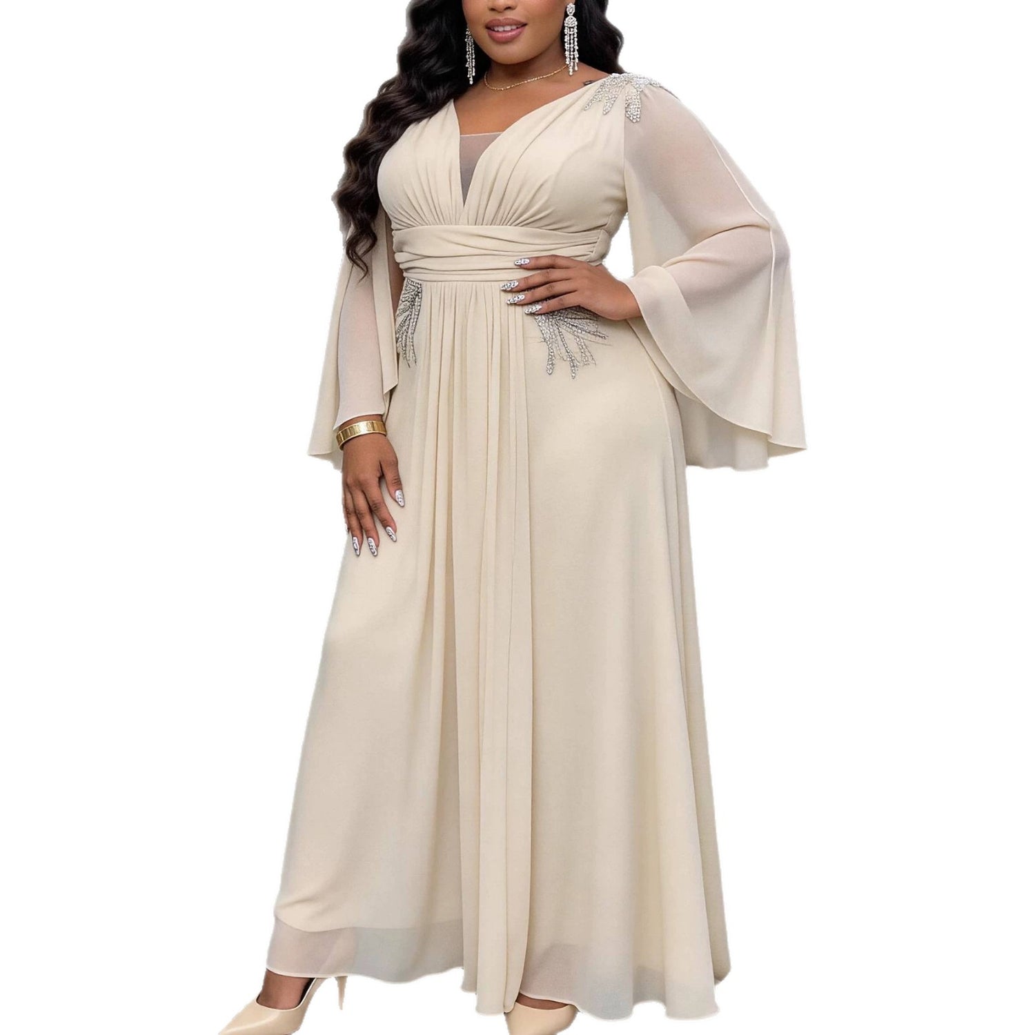 Champagne Chiffon V-Neck Plus Size Formal Dress