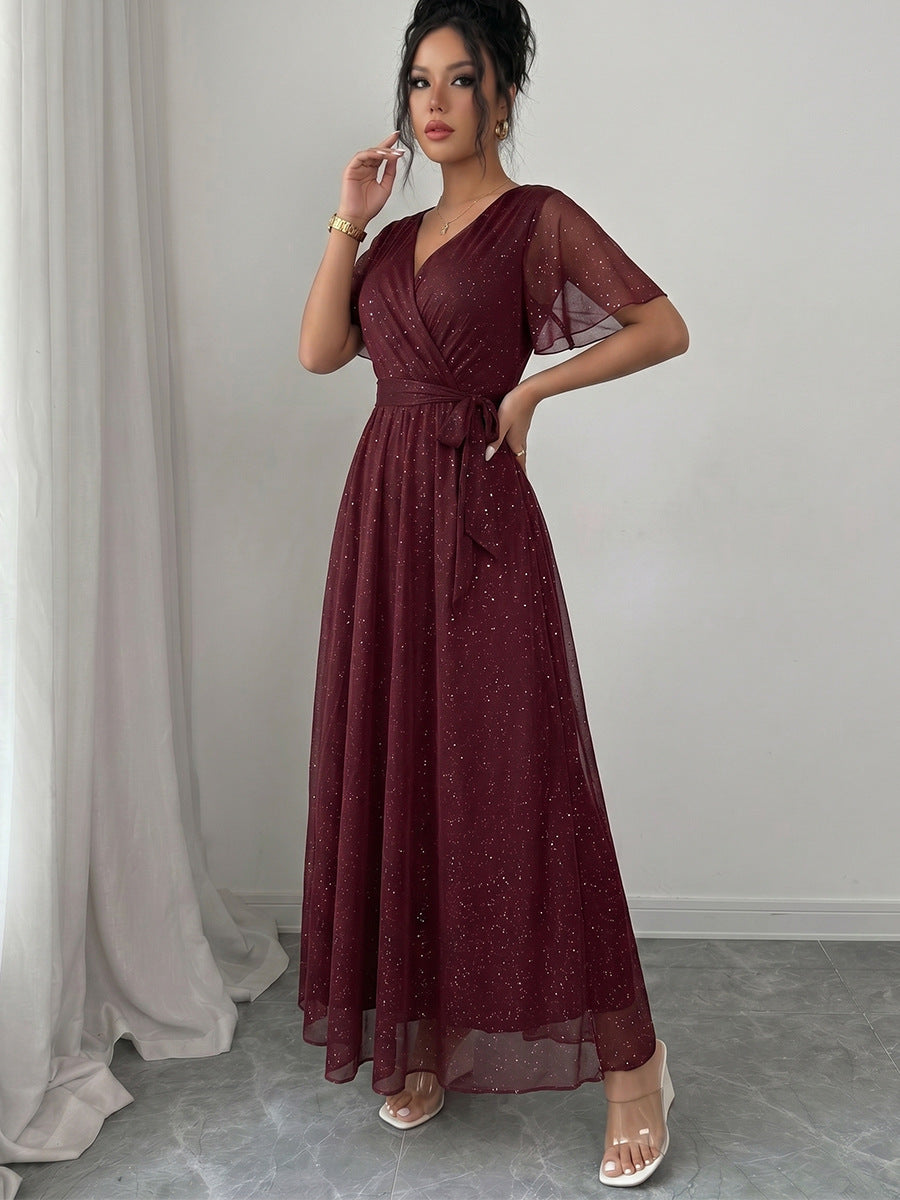 Burgundy V-Neck Wedding Guest Dress
