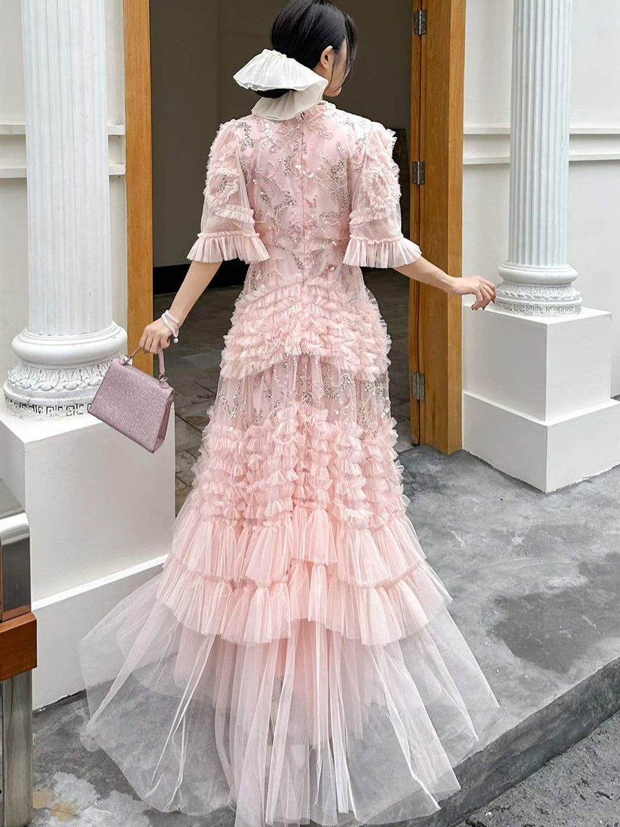 Pink Tulle Sequin Long Prom Dress