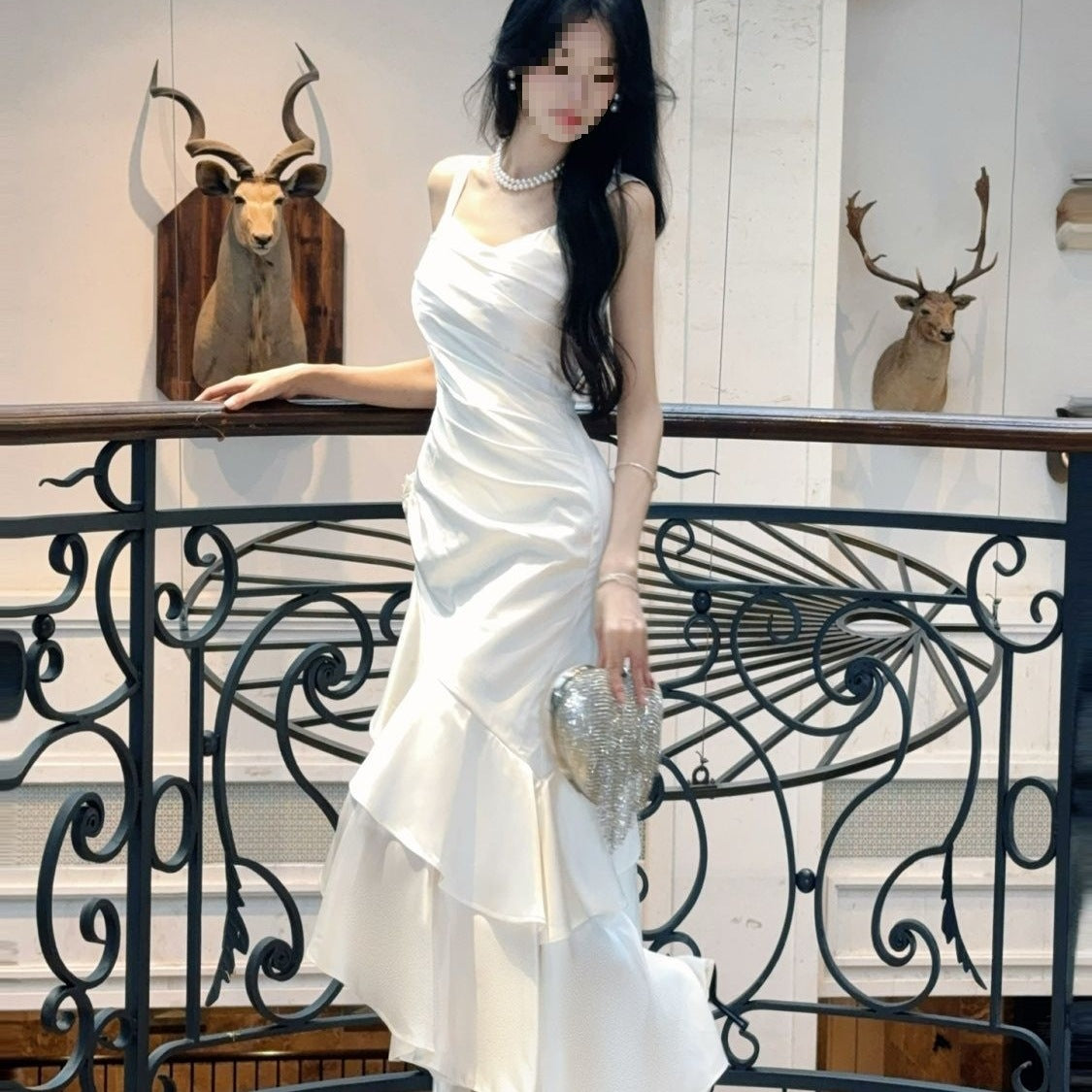 White Satin Spaghetti Strap Mermaid Graduation Dress