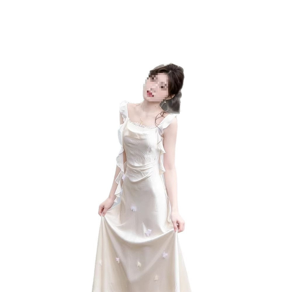 Beige Satin Spaghetti Strap Wedding Guest Dress