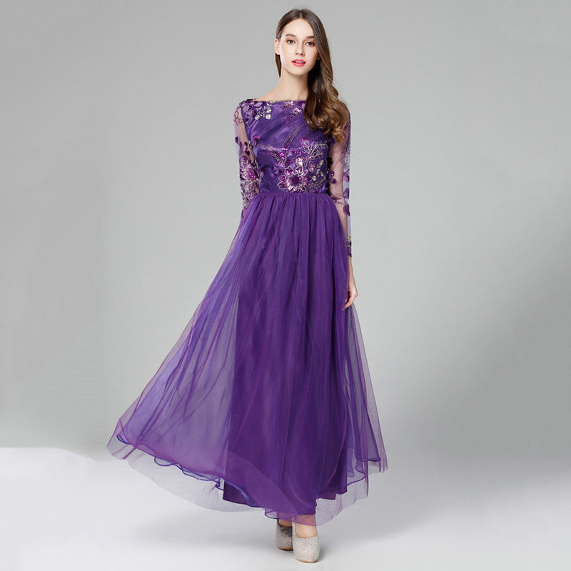 Purple Tulle Long Sleeve Long Prom Dress