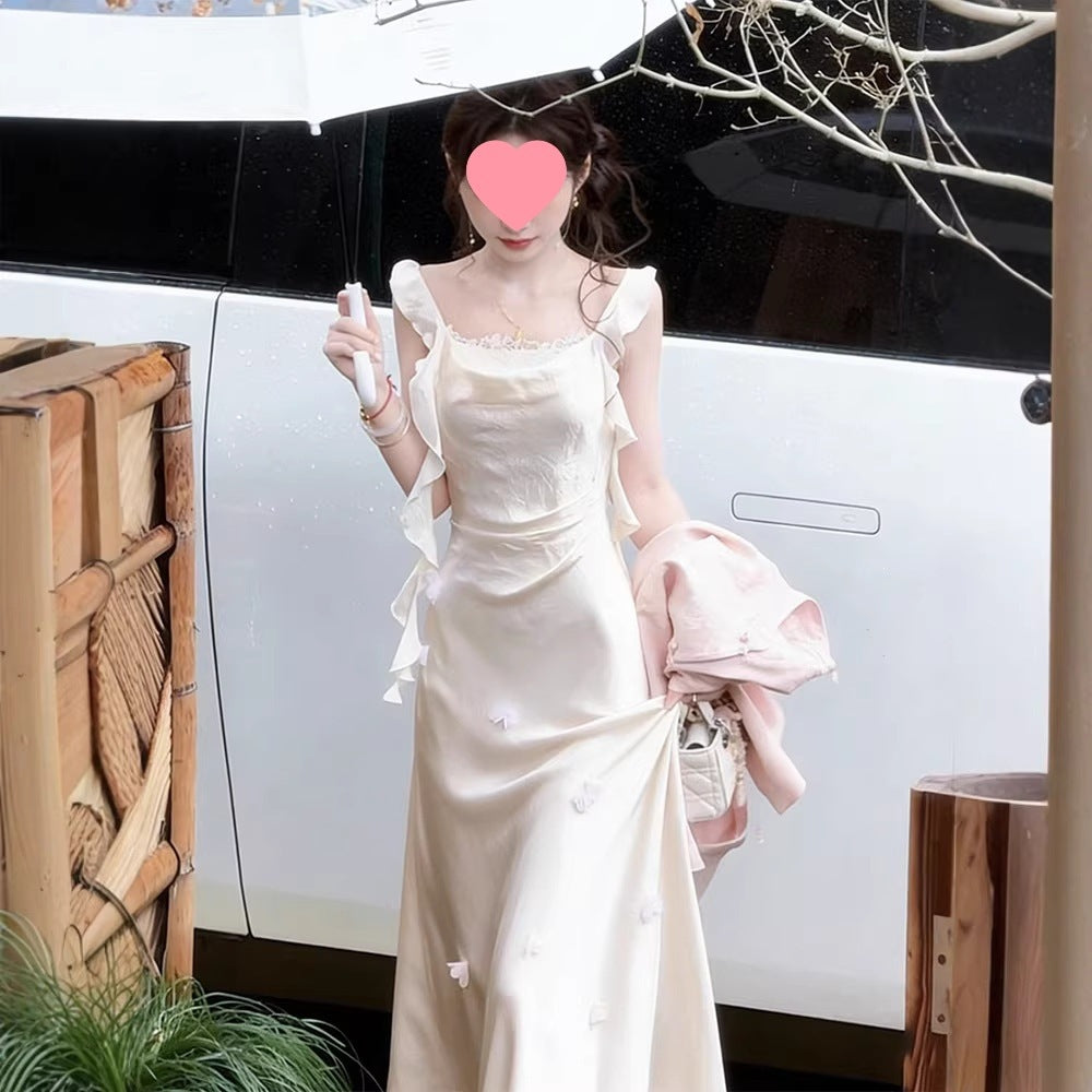 Beige Satin Sleeveless Wedding Guest Dress