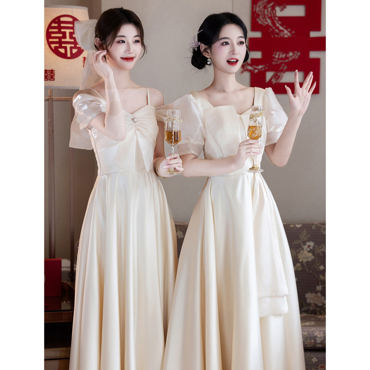 Champagne Maxi Satin Bridesmaid Dress