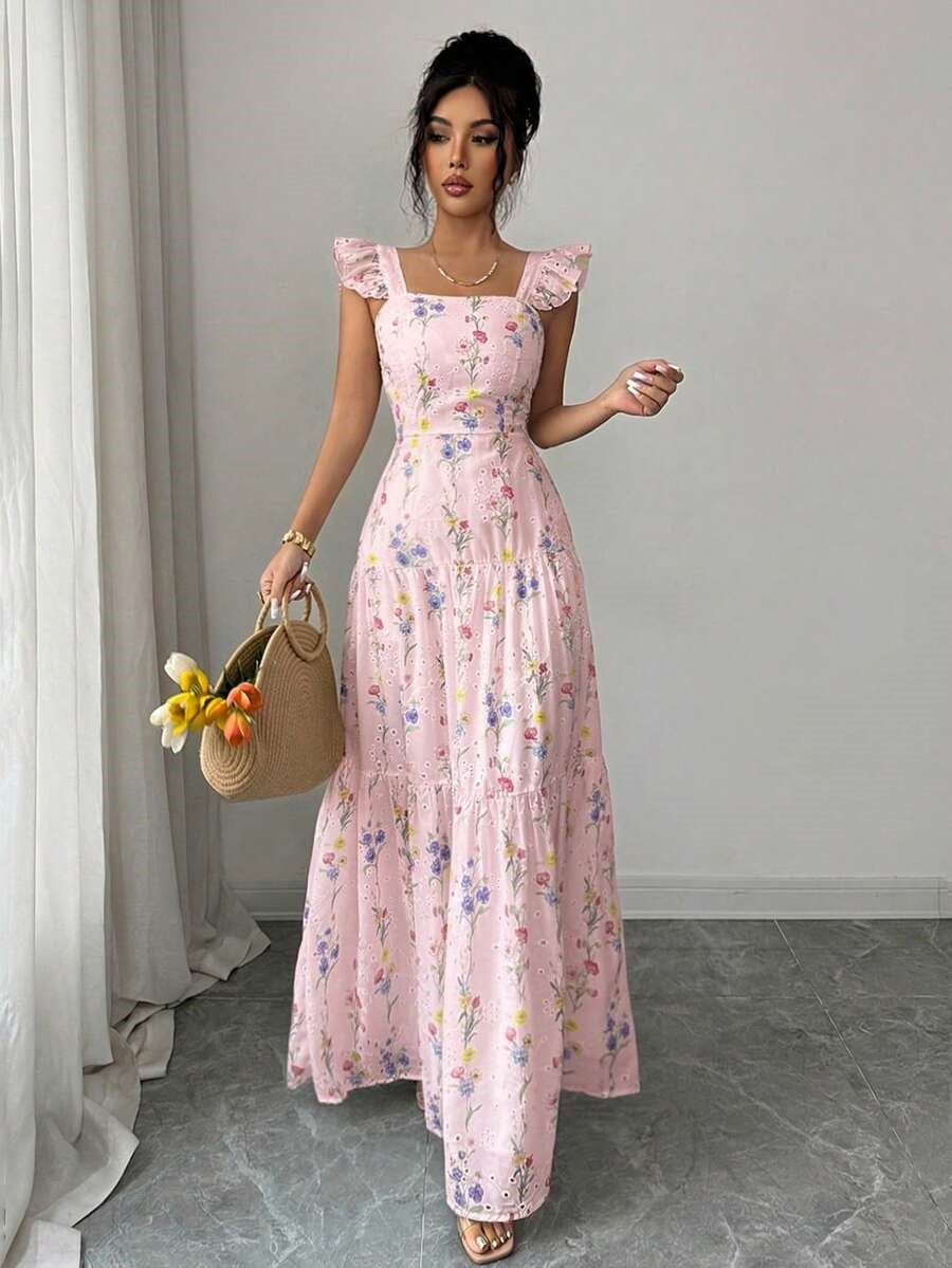 Pink Spaghetti Strap Square Neck Wedding Guest Dress