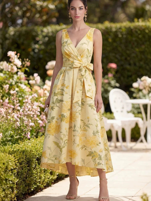 Yellow V-Neck Ruched Wedding Guest Dress
