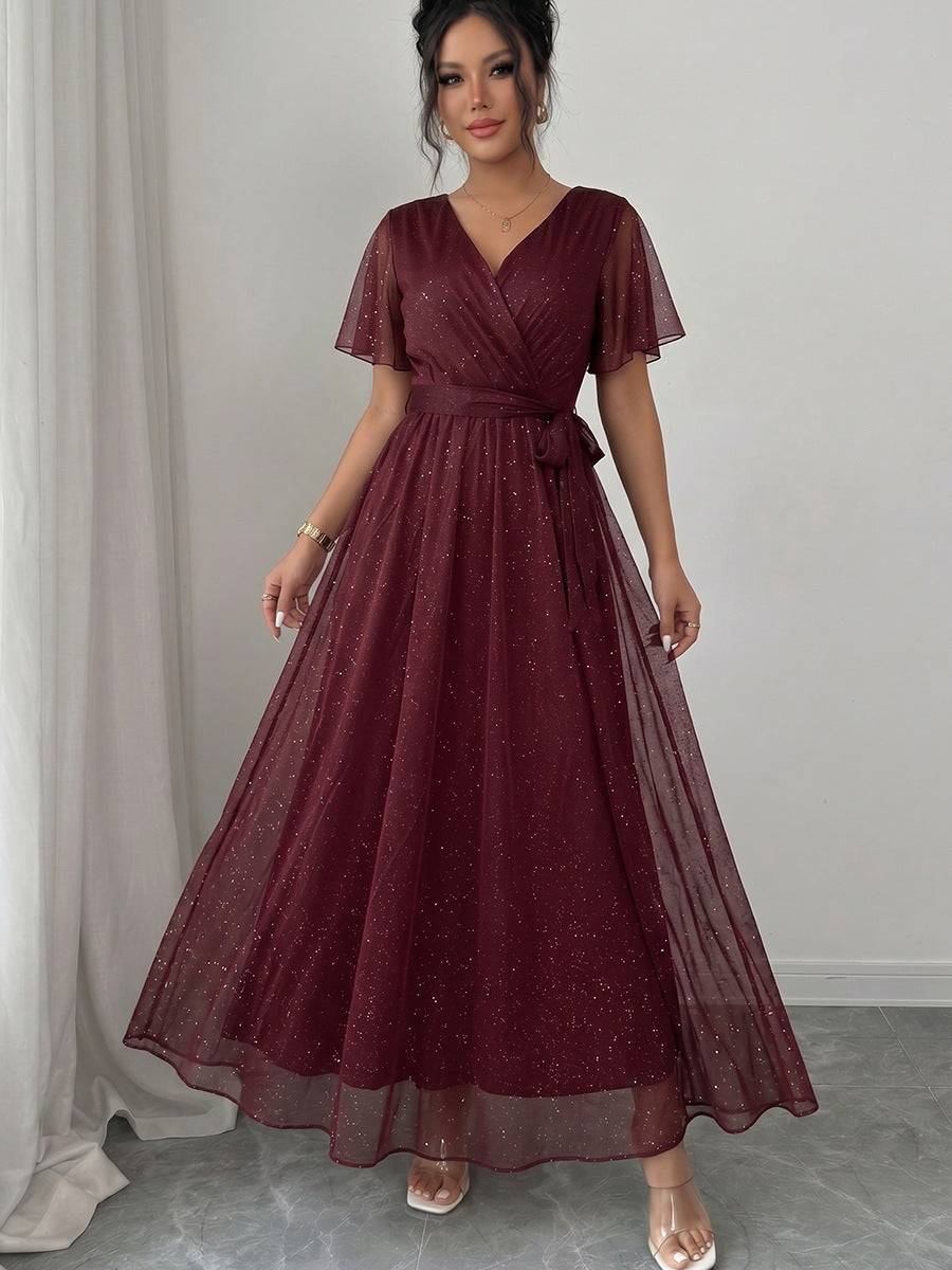 Burgundy V-Neck Wedding Guest Dress
