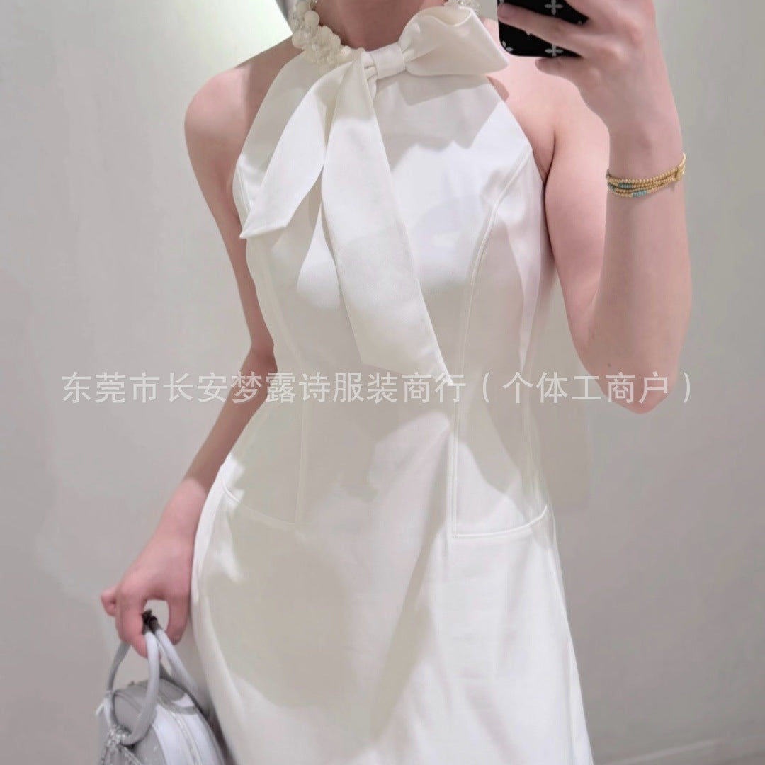 White Halter Beaded Graduation Dress