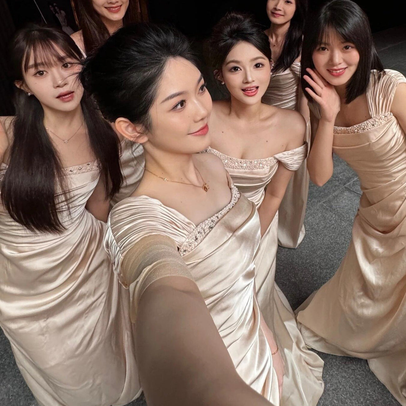 Maxi Champagne Satin Bridesmaid Dress