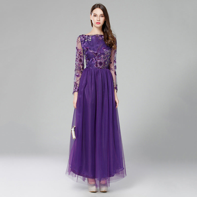 Purple Tulle Long Sleeve Long Prom Dress