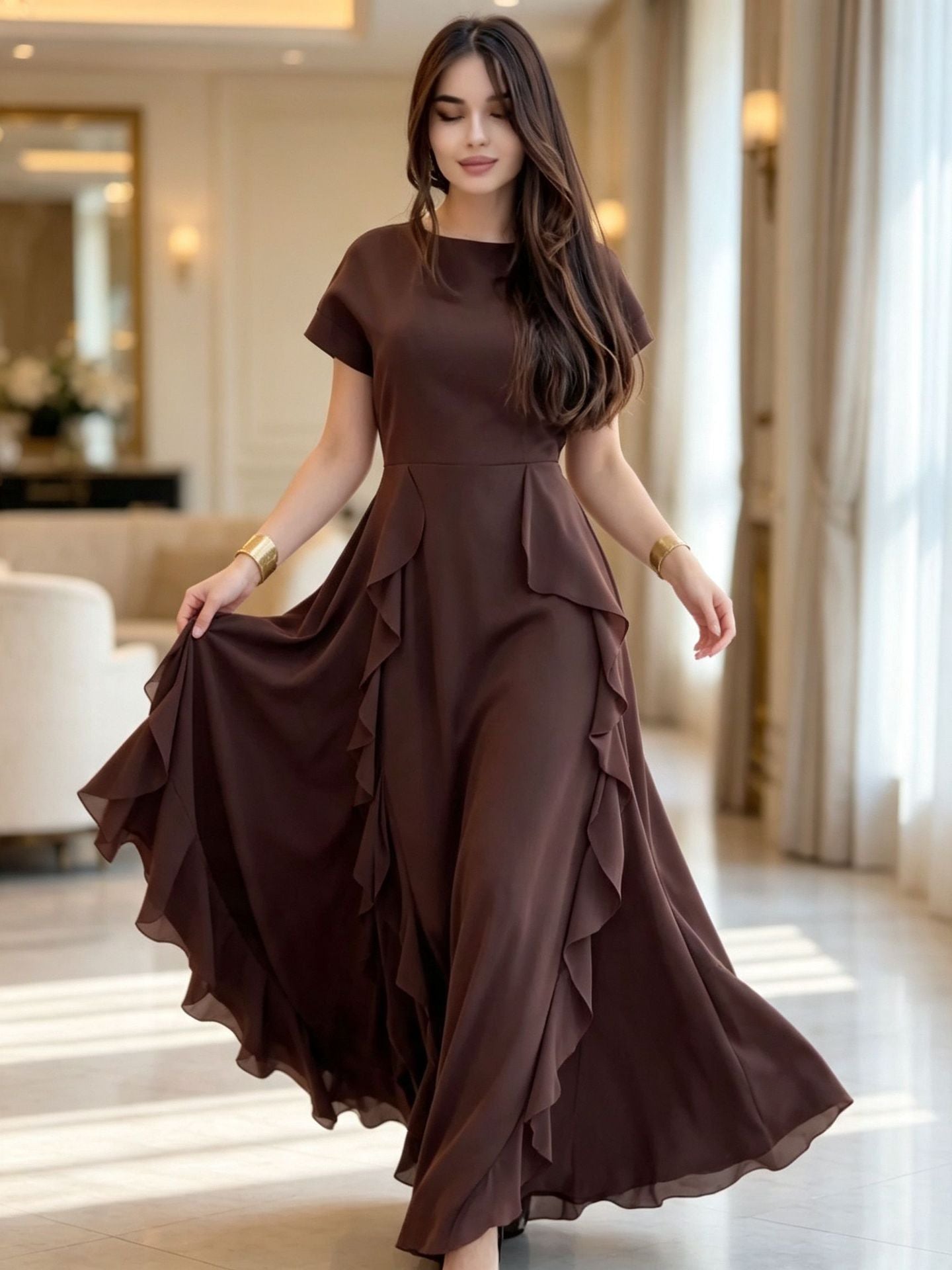 Mocha Empire Waist Wedding Guest Dress