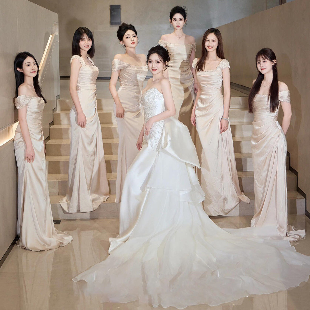 Maxi Champagne Satin Bridesmaid Dress