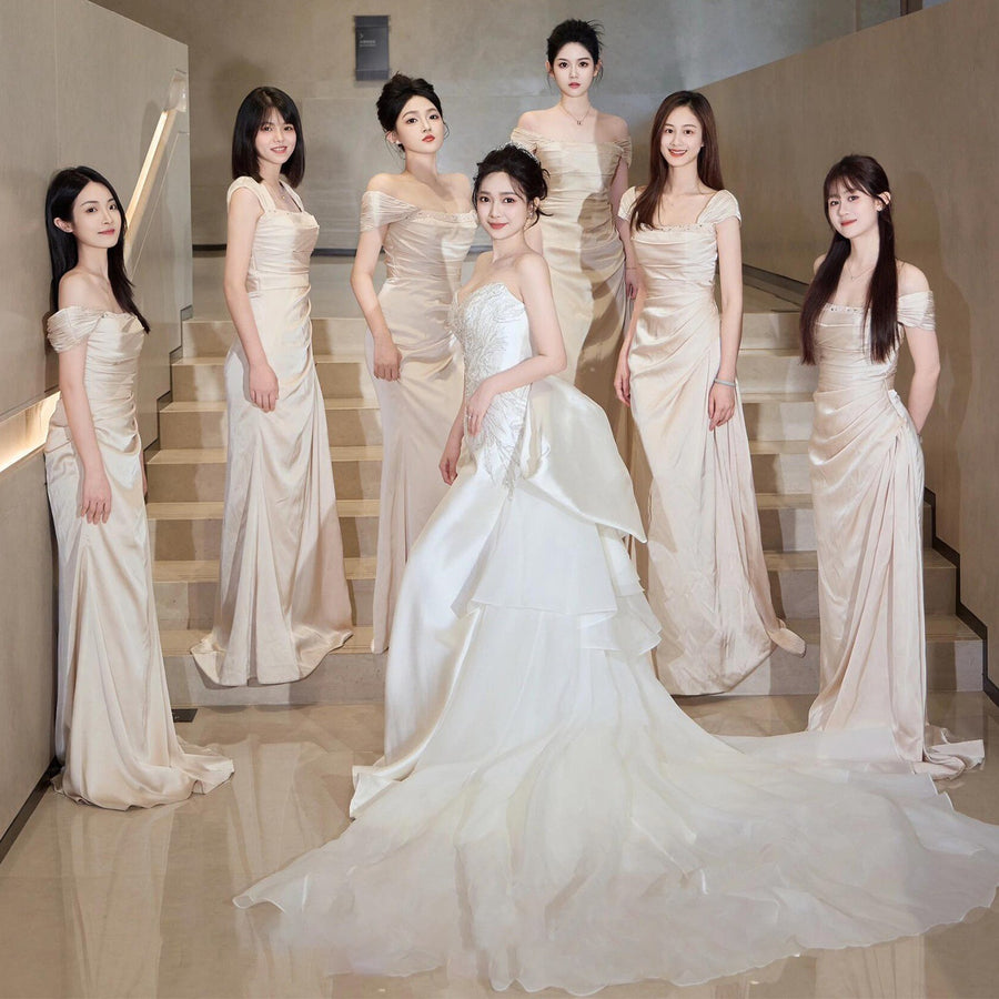 Maxi Champagne Satin Bridesmaid Dress