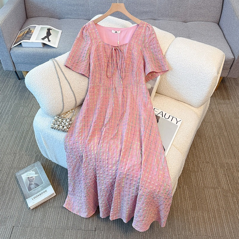 Pink Square Neck Short Sleeve Plus Size Formal Dress