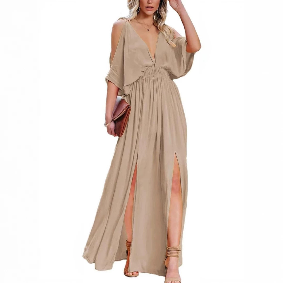 Off-Shoulder V-Neck Wedding Guest Dress