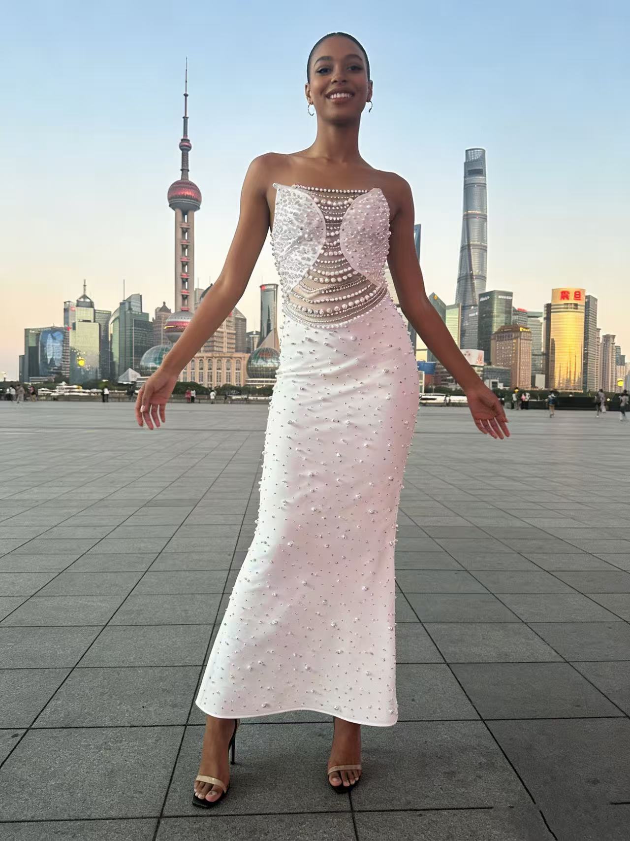 White Strapless Beaded Long Prom Dress