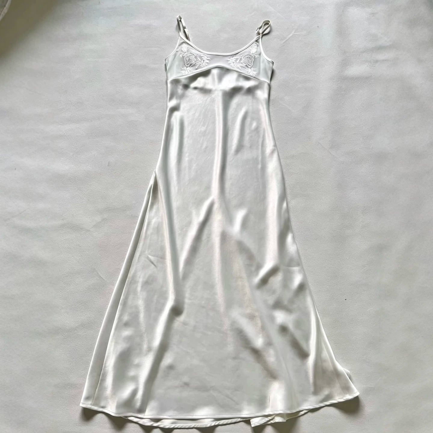 White Satin Spaghetti Strap Embroidered Graduation Dress