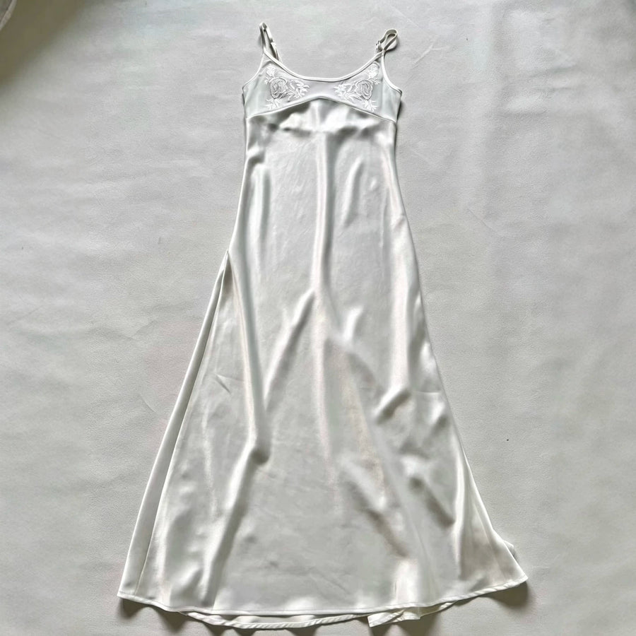 White Satin Spaghetti Strap Embroidered Graduation Dress