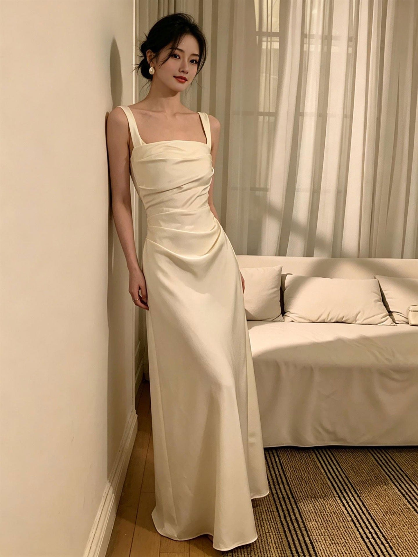 Champagne Satin Sleeveless Graduation Dress