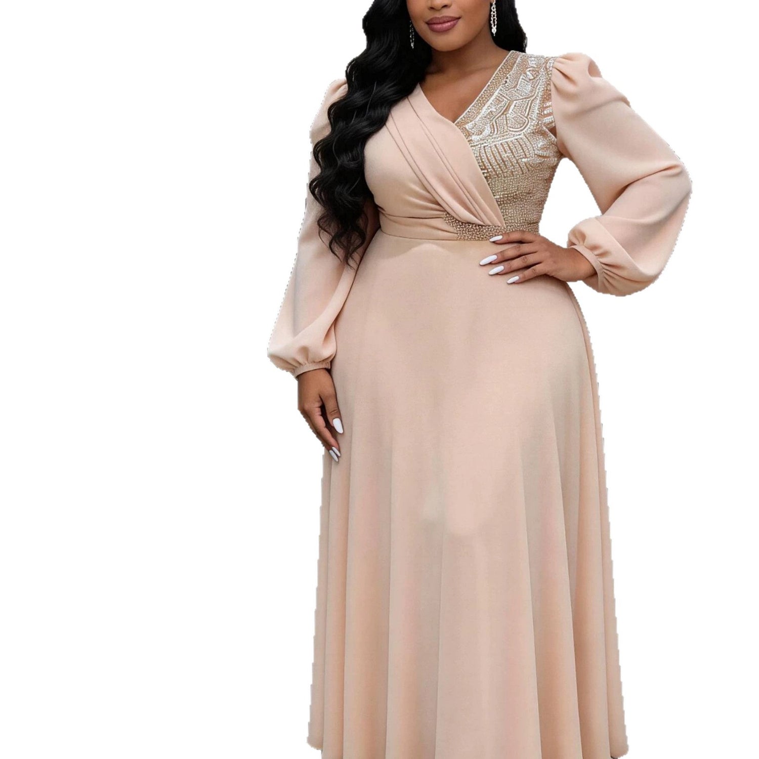 Champagne V-Neck Long Sleeve Plus Size Formal Dress