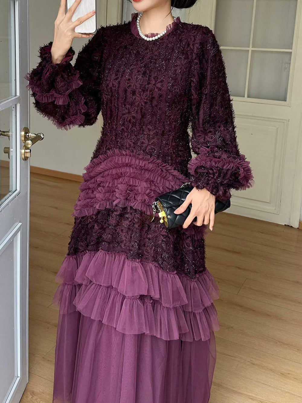 Purple Tulle Jacquard Long Prom Dress