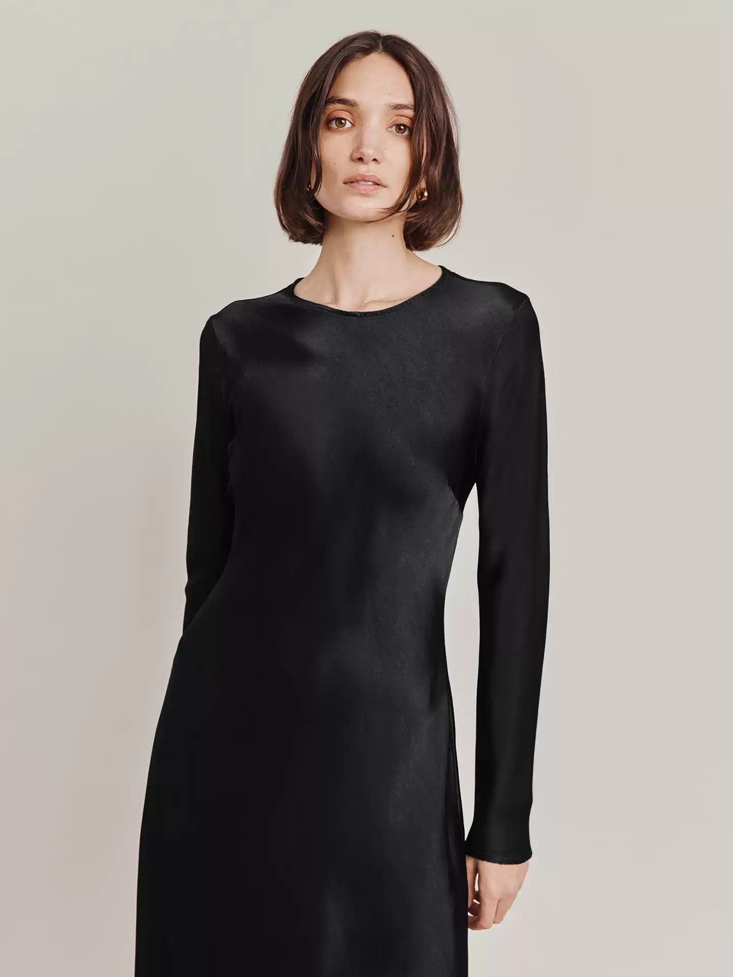 Black Satin Long Sleeve Graduation Dress