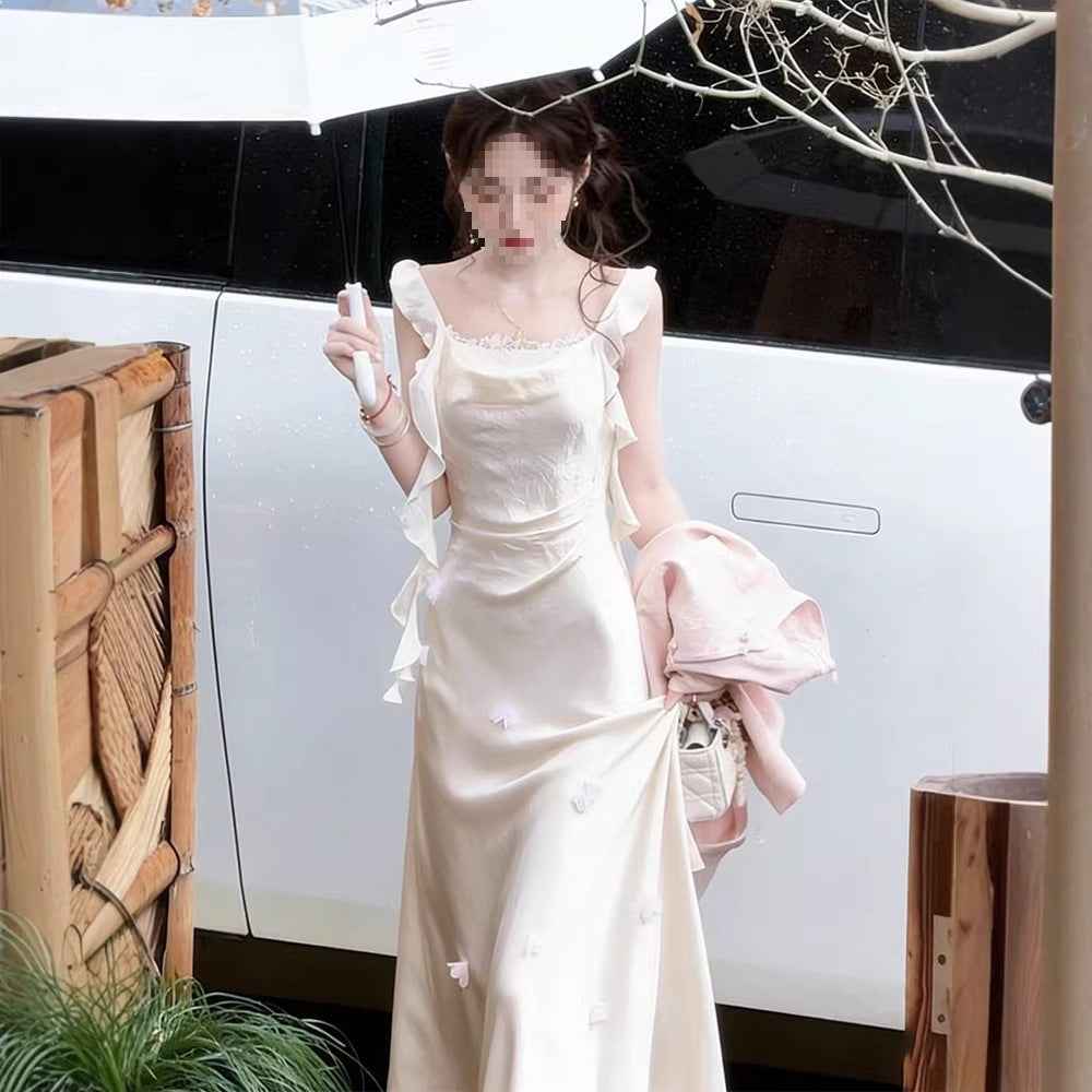 Beige Satin Spaghetti Strap Wedding Guest Dress