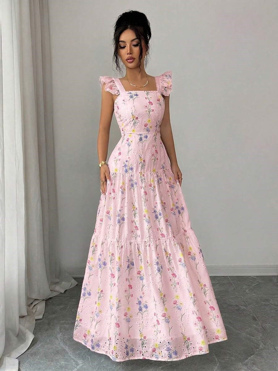 Pink Spaghetti Strap Square Neck Wedding Guest Dress