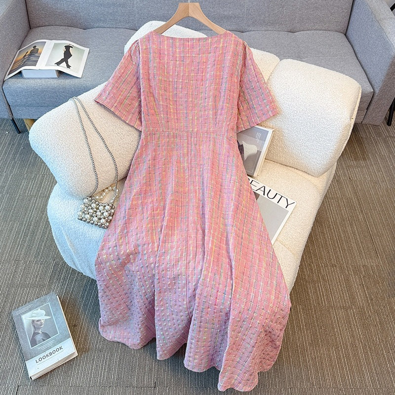Pink Square Neck Short Sleeve Plus Size Formal Dress