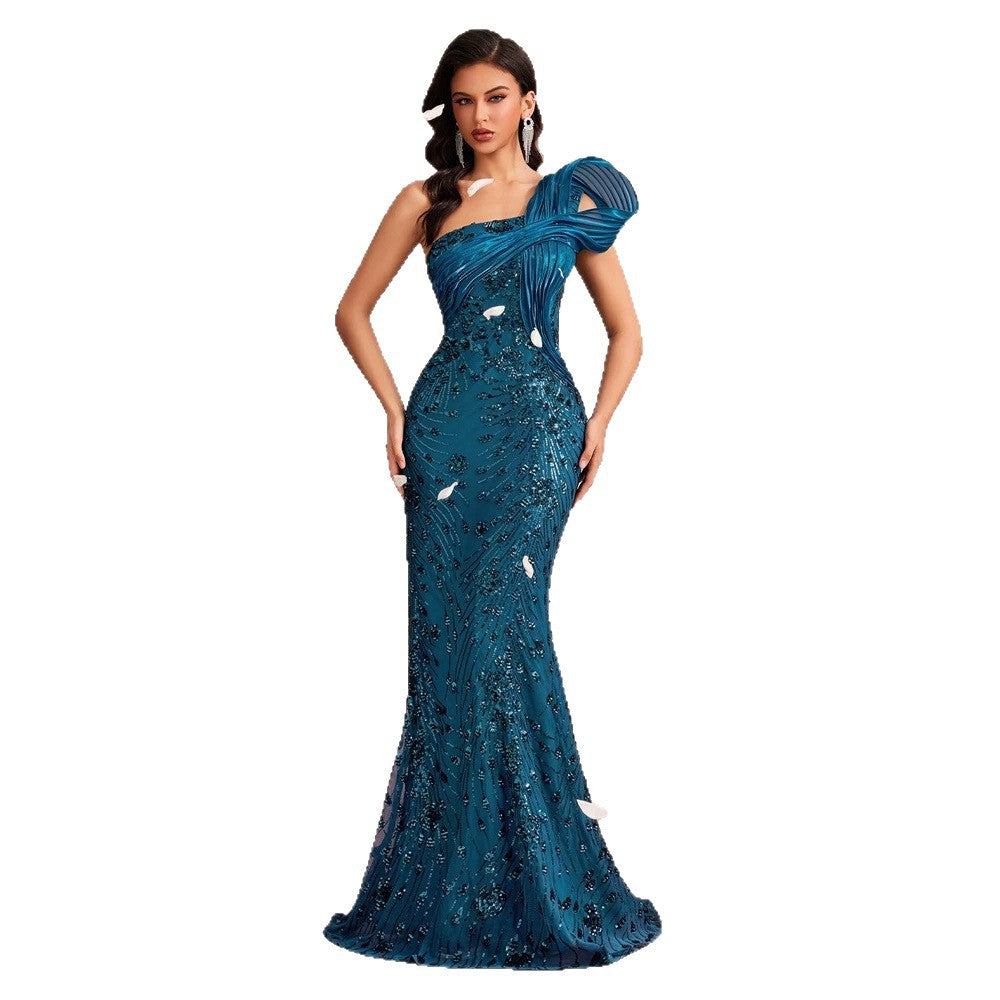 Blue One-Shoulder Sequin Long Prom Dress