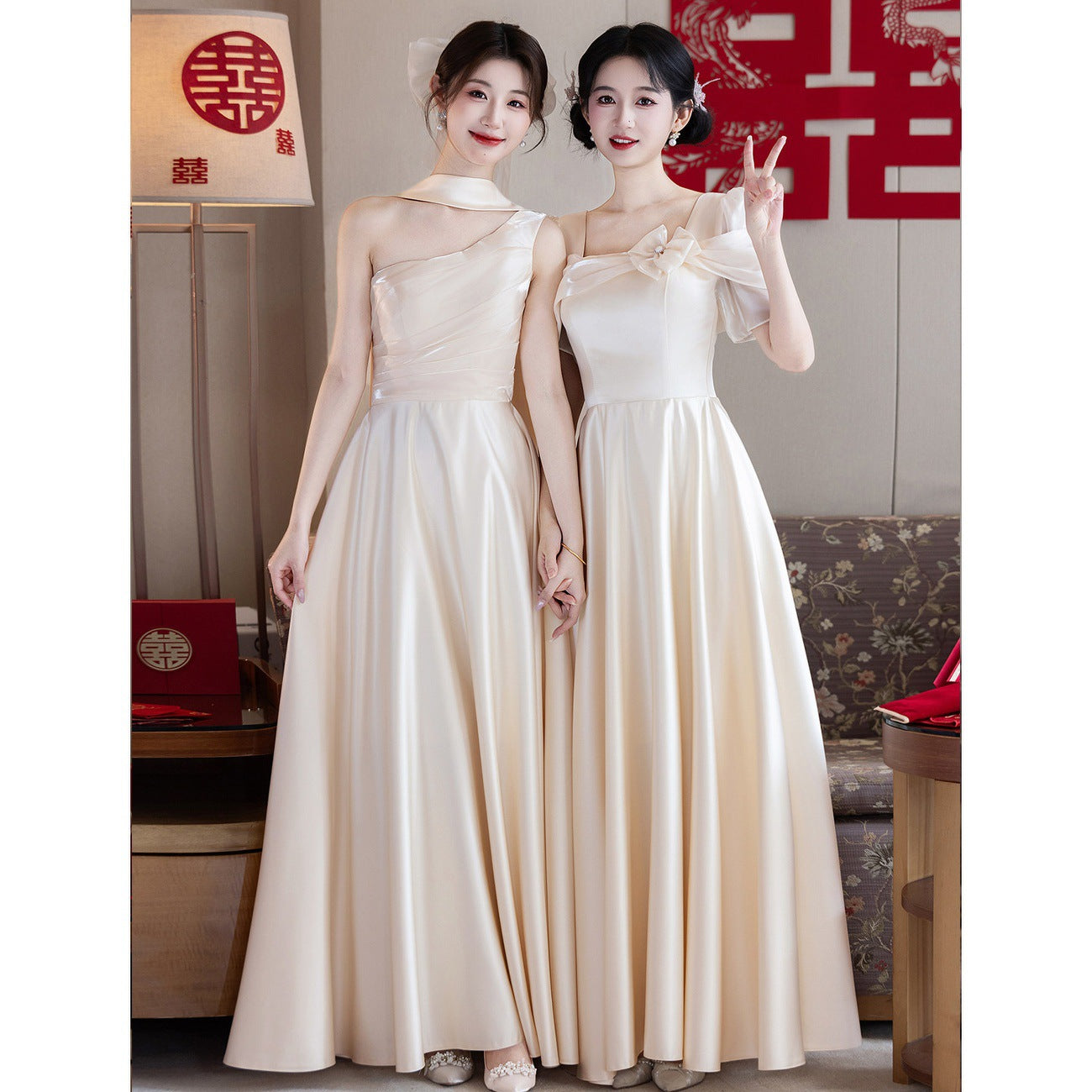 Champagne Maxi Satin Bridesmaid Dress