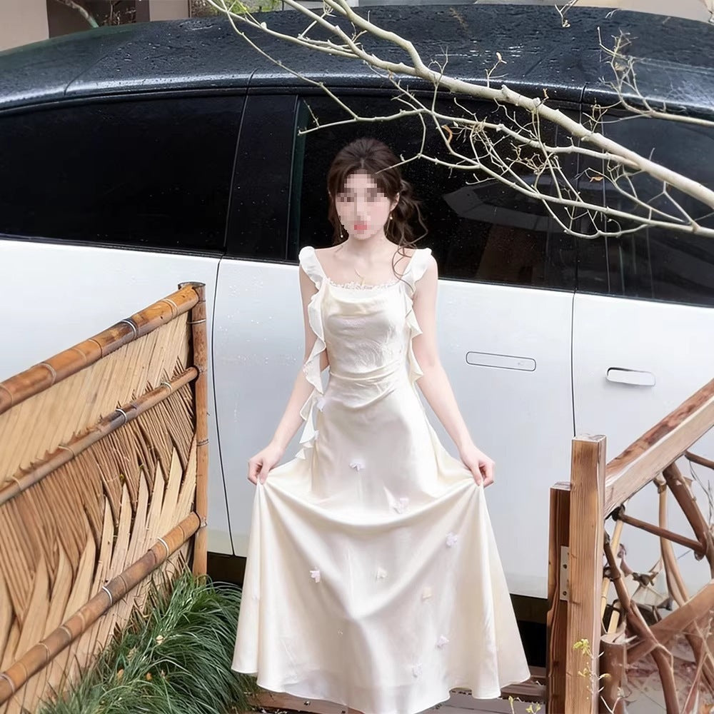 Beige Satin Spaghetti Strap Wedding Guest Dress