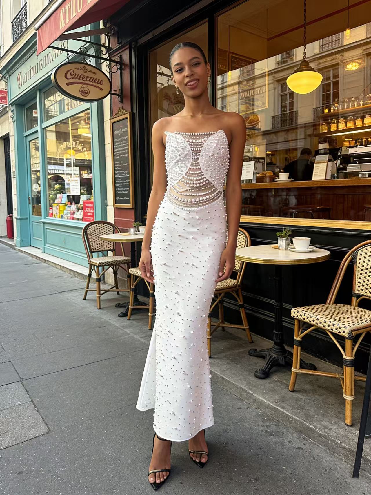 White Strapless Beaded Long Prom Dress