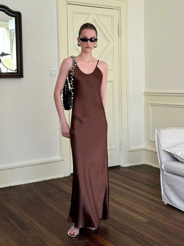 Black Satin Spaghetti Strap Wedding Guest Dress